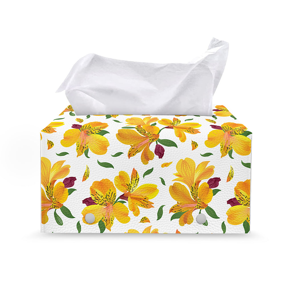 Yellow Alstroemeria Pattern Print Leather Tissue Box Cover