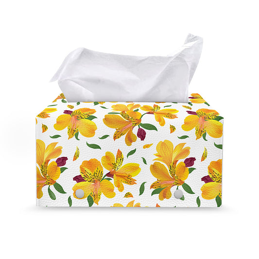 Yellow Alstroemeria Pattern Print Leather Tissue Box Cover