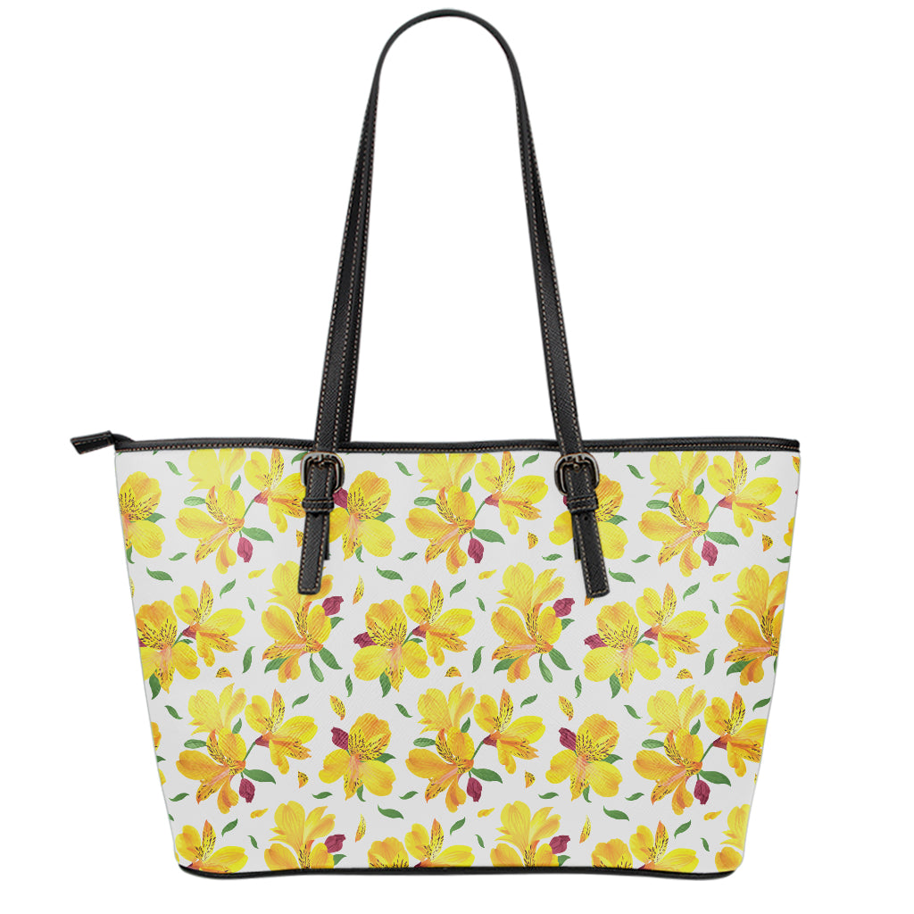 Yellow Alstroemeria Pattern Print Leather Tote Bag