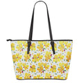 Yellow Alstroemeria Pattern Print Leather Tote Bag With Zipper