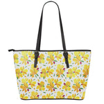 Yellow Alstroemeria Pattern Print Leather Tote Bag