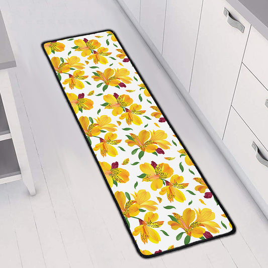 Yellow Alstroemeria Pattern Print Long Kitchen Mat