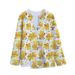 Yellow Alstroemeria Pattern Print Long Sleeve Short Coat