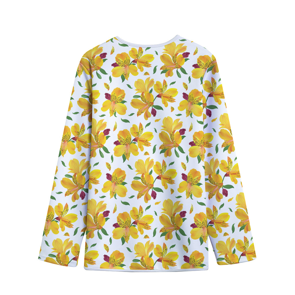 Yellow Alstroemeria Pattern Print Long Sleeve Short Coat