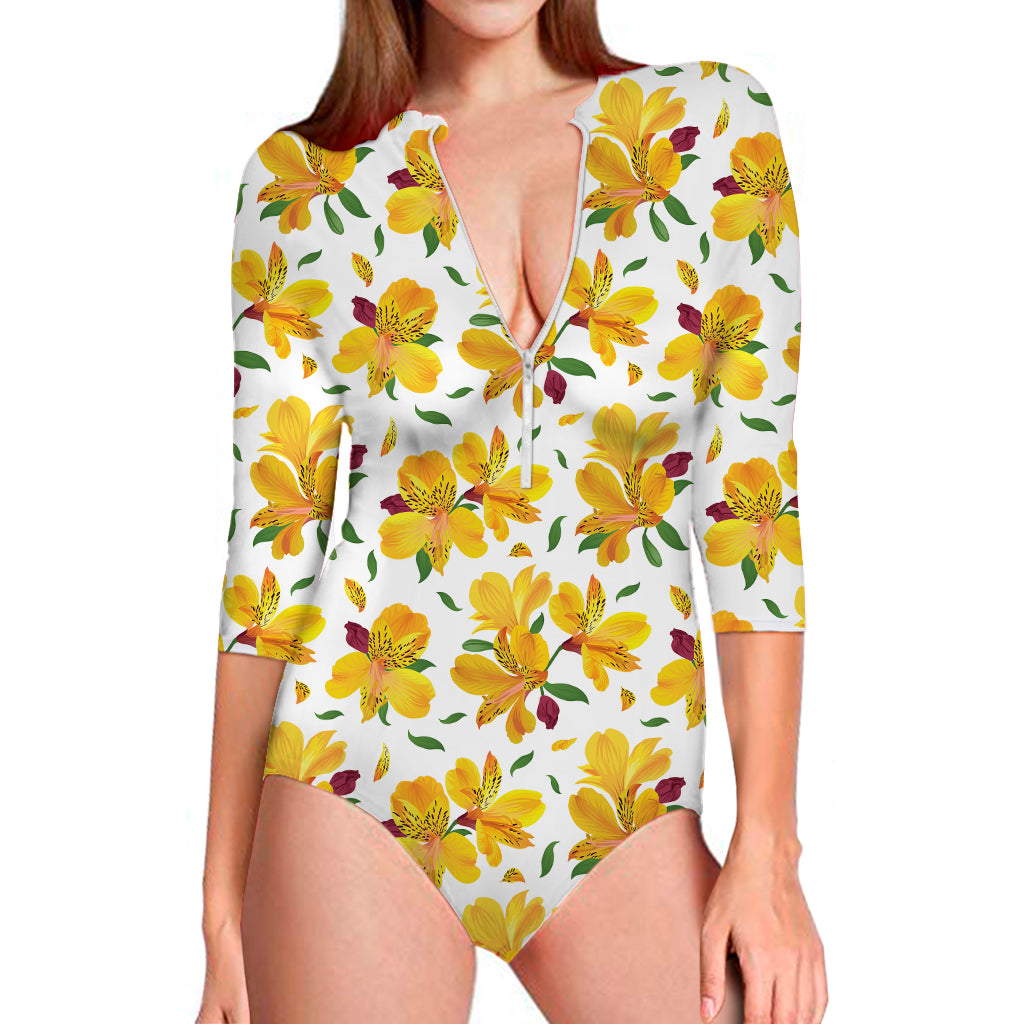 Yellow Alstroemeria Pattern Print Long Sleeve Swimsuit