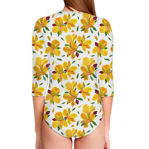 Yellow Alstroemeria Pattern Print Long Sleeve Swimsuit