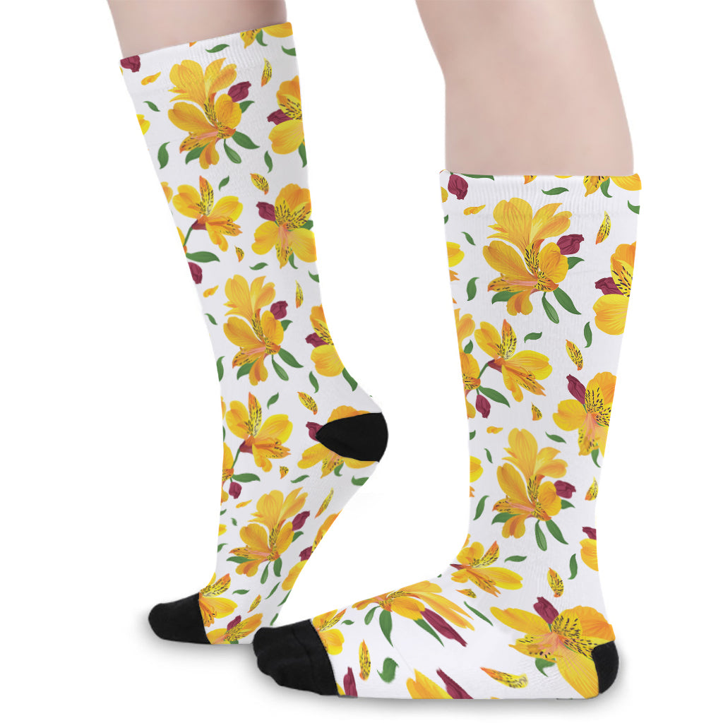 Yellow Alstroemeria Pattern Print Long Socks