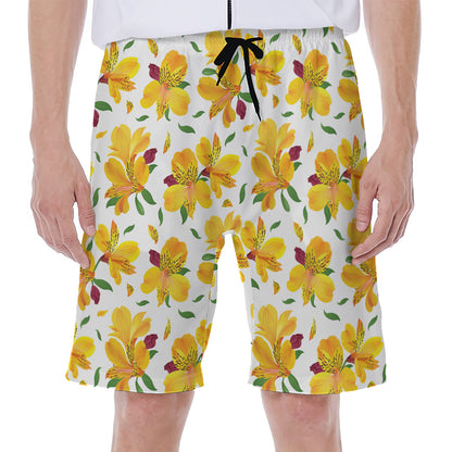 Yellow Alstroemeria Pattern Print Men's Beach Shorts
