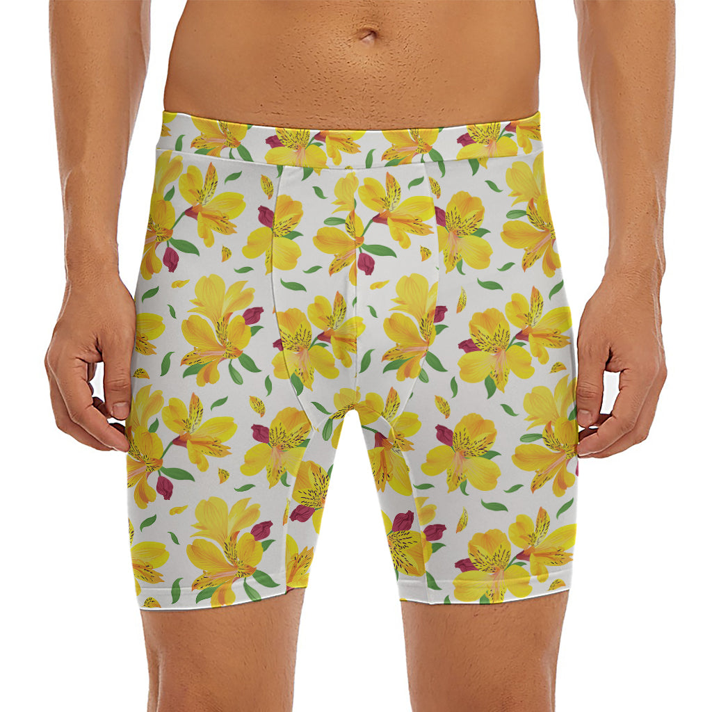 Yellow Alstroemeria Pattern Print Men's Long Boxer Briefs