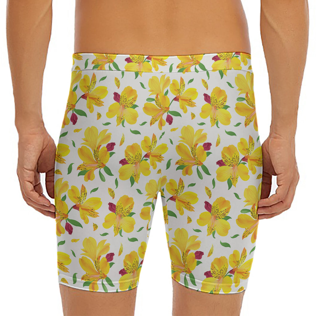 Yellow Alstroemeria Pattern Print Men's Long Boxer Briefs