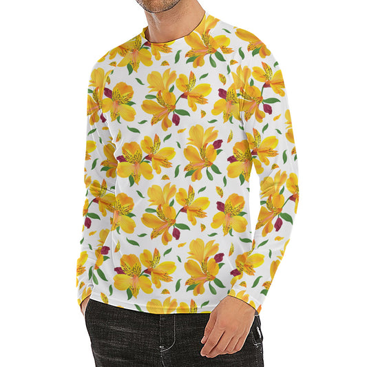 Yellow Alstroemeria Pattern Print Men's Long Sleeve Rash Guard