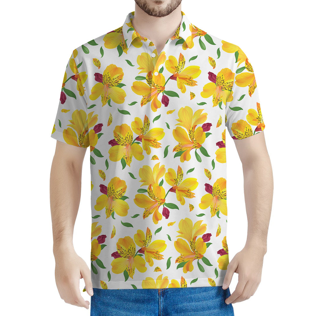 Yellow Alstroemeria Pattern Print Men's Polo Shirt