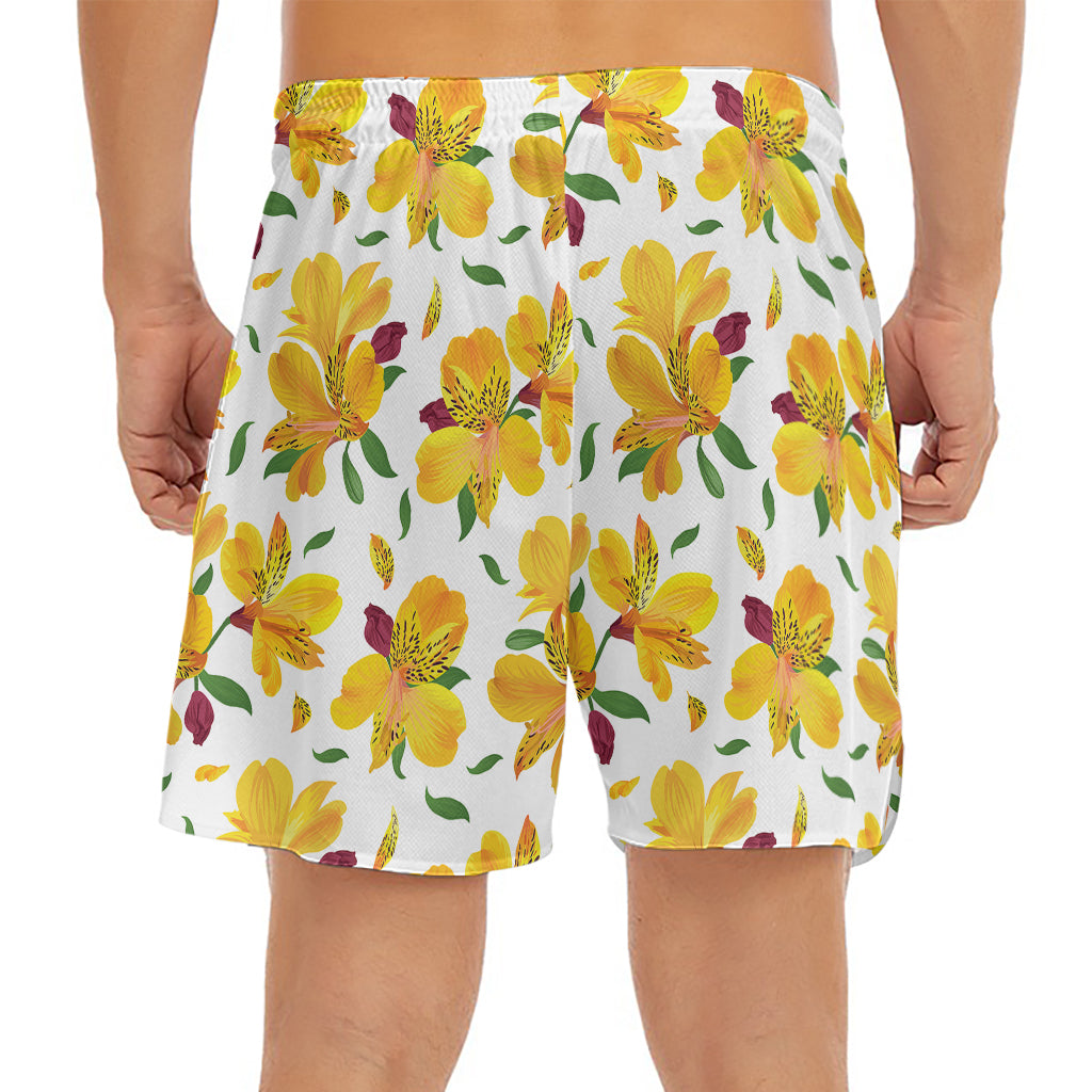 Yellow Alstroemeria Pattern Print Men's Split Running Shorts