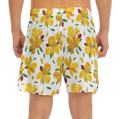 Yellow Alstroemeria Pattern Print Men's Split Running Shorts