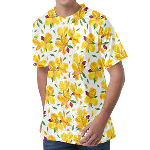 Yellow Alstroemeria Pattern Print Men's Velvet T-Shirt