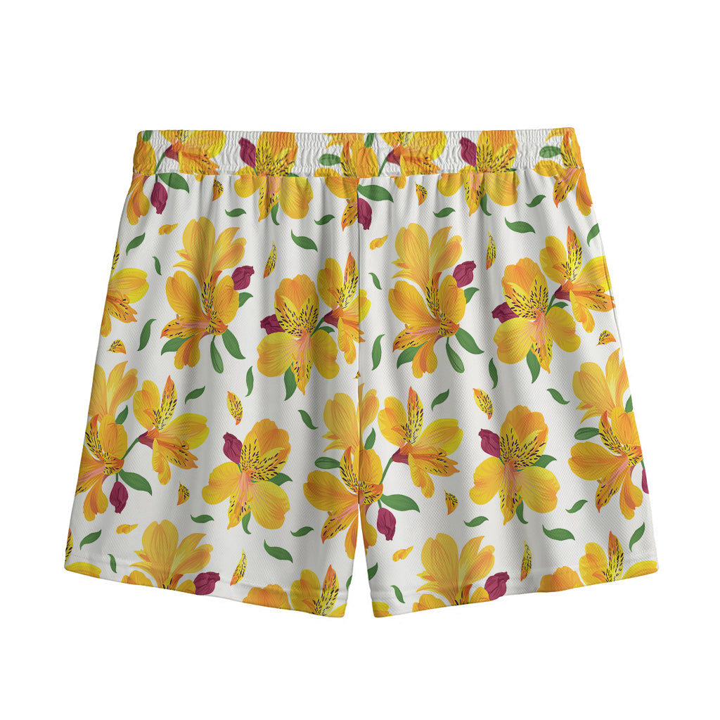 Yellow Alstroemeria Pattern Print Mesh Shorts