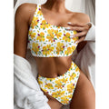 Yellow Alstroemeria Pattern Print One Shoulder Bikini Set