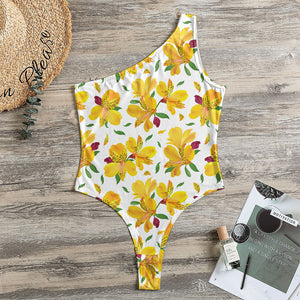 Yellow Alstroemeria Pattern Print One Shoulder Bodysuit