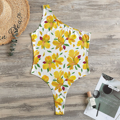 Yellow Alstroemeria Pattern Print One Shoulder Bodysuit