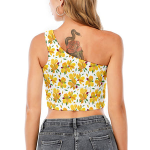 Yellow Alstroemeria Pattern Print One Shoulder Crop Top