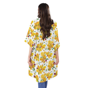 Yellow Alstroemeria Pattern Print Open Front Beach Cover Up