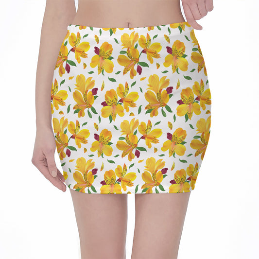 Yellow Alstroemeria Pattern Print Pencil Mini Skirt