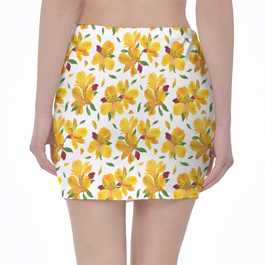 Yellow Alstroemeria Pattern Print Pencil Mini Skirt