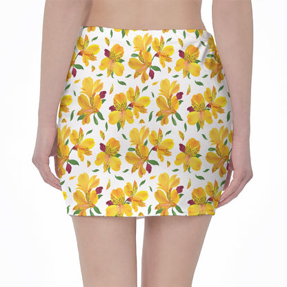 Yellow Alstroemeria Pattern Print Pencil Mini Skirt