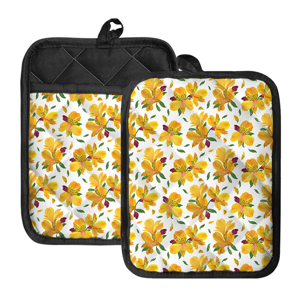 Yellow Alstroemeria Pattern Print Pot Holders With Pocket