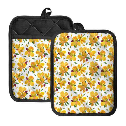 Yellow Alstroemeria Pattern Print Pot Holders With Pocket