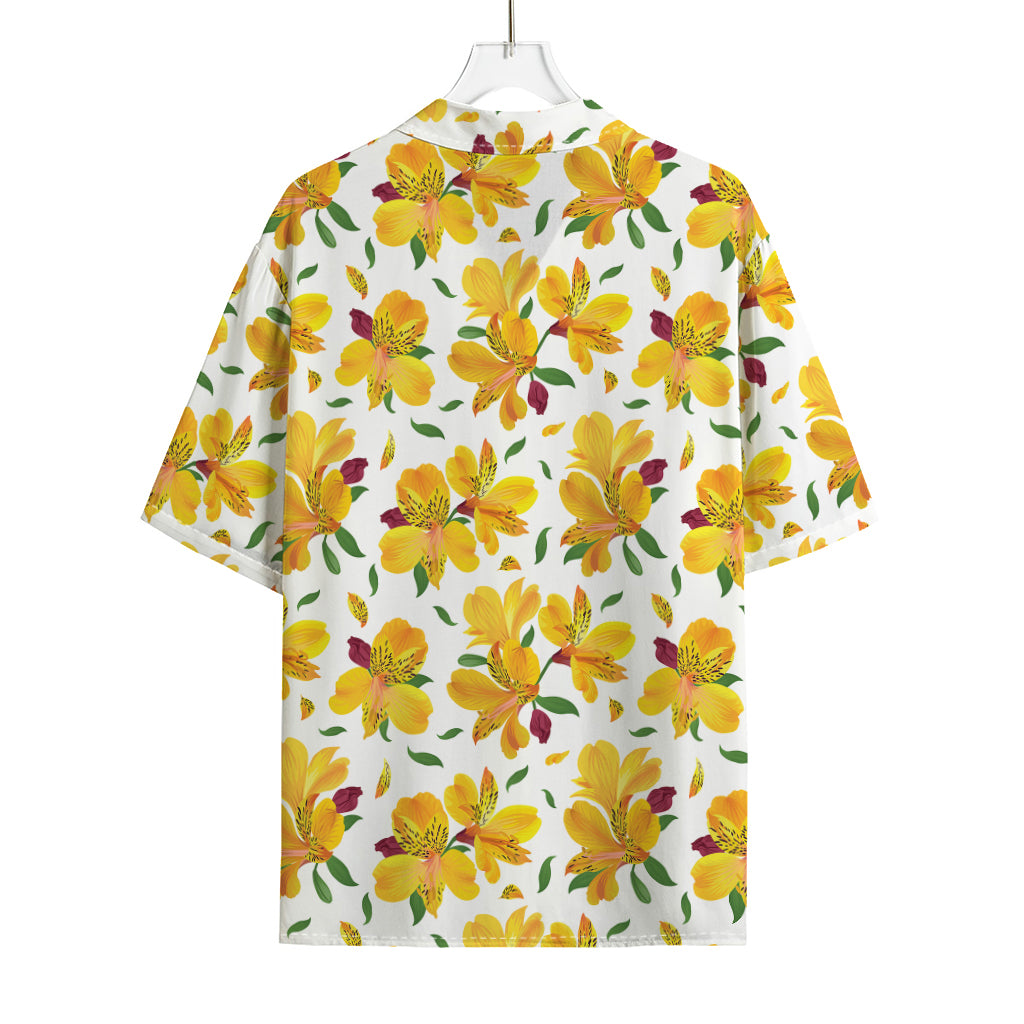 Yellow Alstroemeria Pattern Print Rayon Hawaiian Shirt