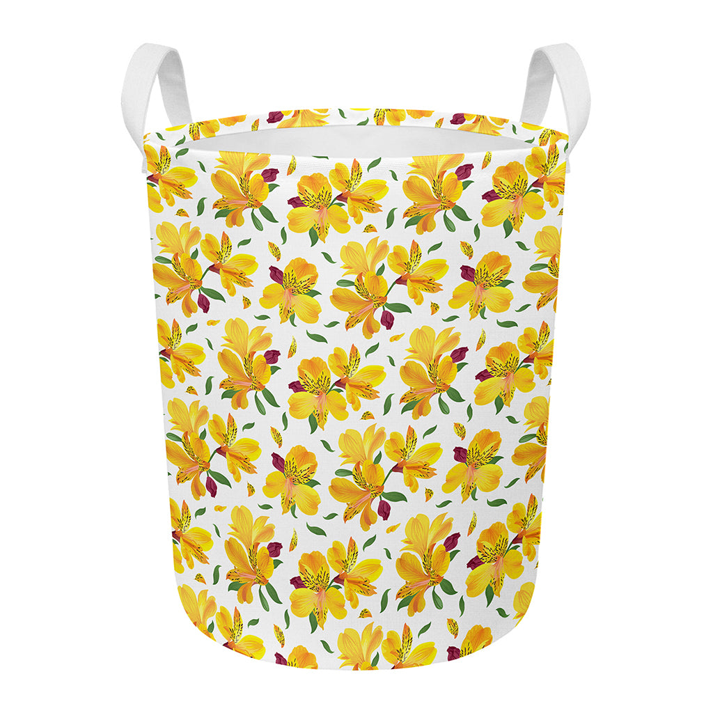 Yellow Alstroemeria Pattern Print Round Laundry Basket