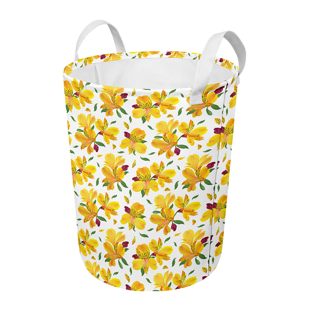Yellow Alstroemeria Pattern Print Round Laundry Basket
