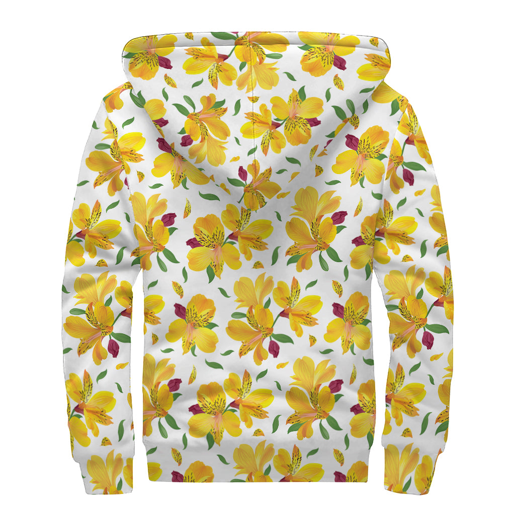 Yellow Alstroemeria Pattern Print Sherpa Lined Zip Up Hoodie