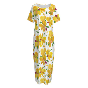 Yellow Alstroemeria Pattern Print Short Sleeve Long Nightdress