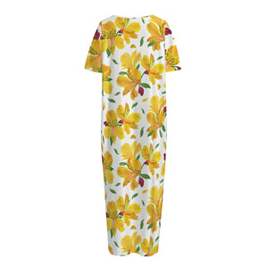 Yellow Alstroemeria Pattern Print Short Sleeve Long Nightdress