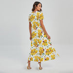 Yellow Alstroemeria Pattern Print Short Sleeve Maxi Dress