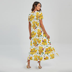 Yellow Alstroemeria Pattern Print Short Sleeve Maxi Dress