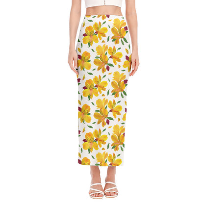 Yellow Alstroemeria Pattern Print Side Slit Maxi Skirt