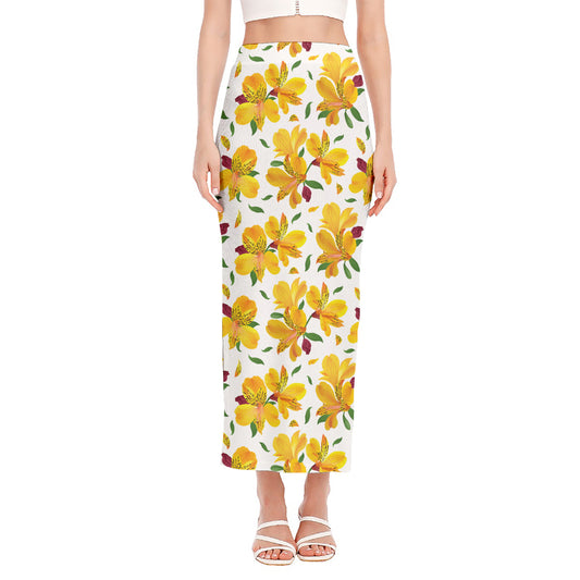 Yellow Alstroemeria Pattern Print Side Slit Maxi Skirt