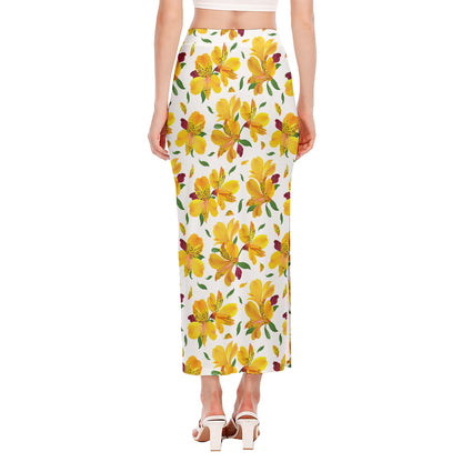 Yellow Alstroemeria Pattern Print Side Slit Maxi Skirt
