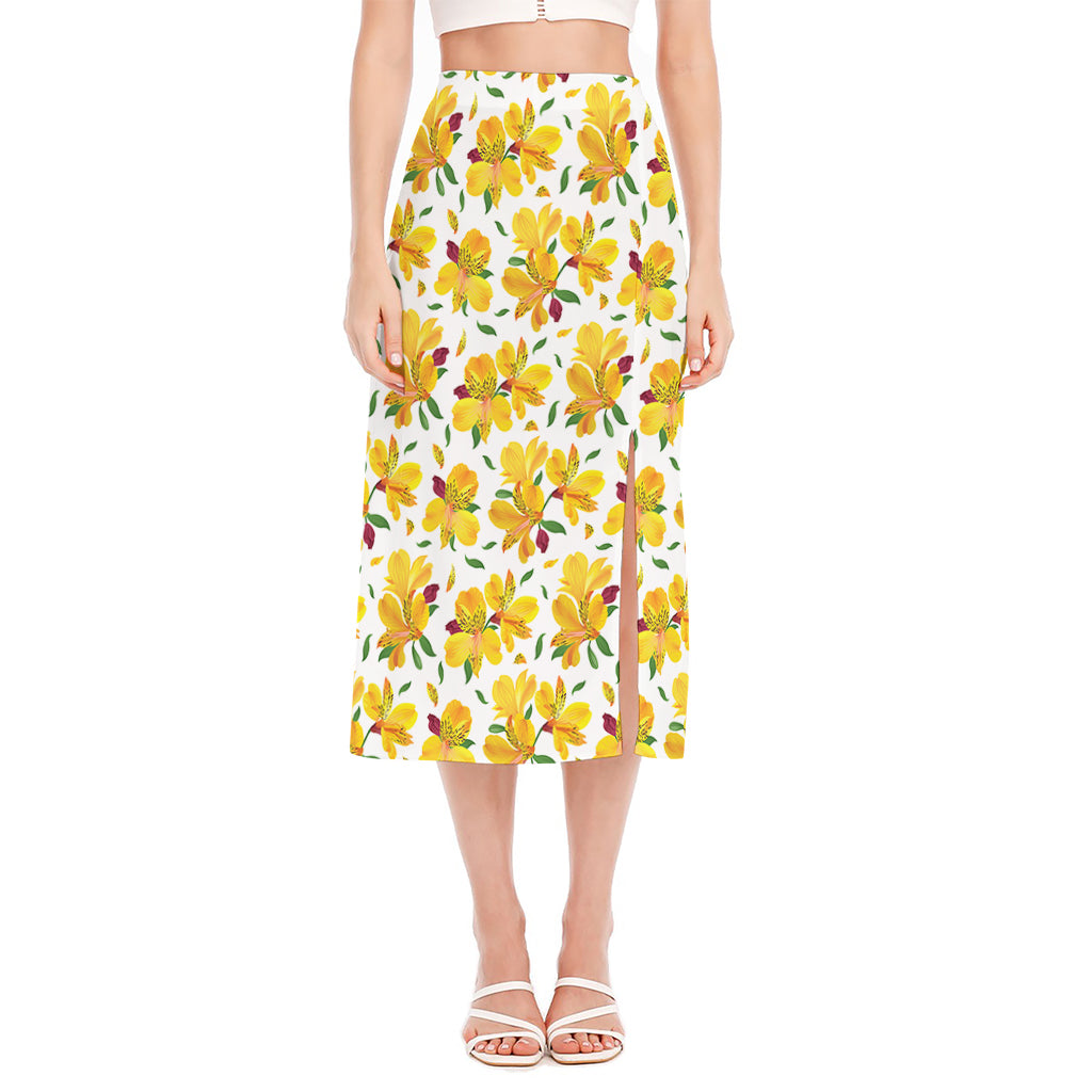 Yellow Alstroemeria Pattern Print Side Slit Midi Skirt