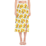 Yellow Alstroemeria Pattern Print Side Slit Midi Skirt