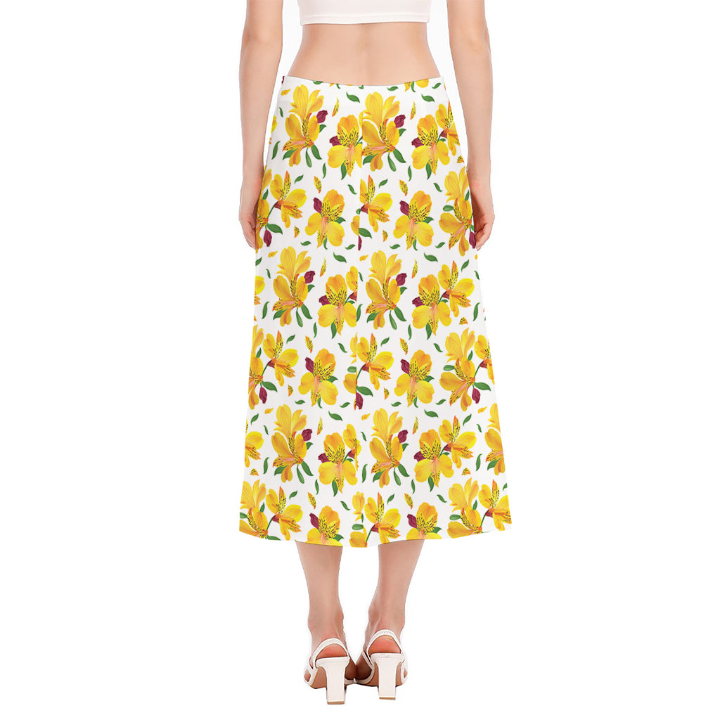 Yellow Alstroemeria Pattern Print Side Slit Midi Skirt