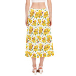 Yellow Alstroemeria Pattern Print Side Slit Midi Skirt