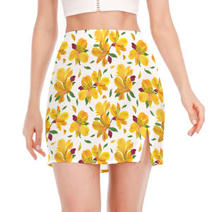 Yellow Alstroemeria Pattern Print Side Slit Mini Skirt