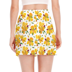 Yellow Alstroemeria Pattern Print Side Slit Mini Skirt