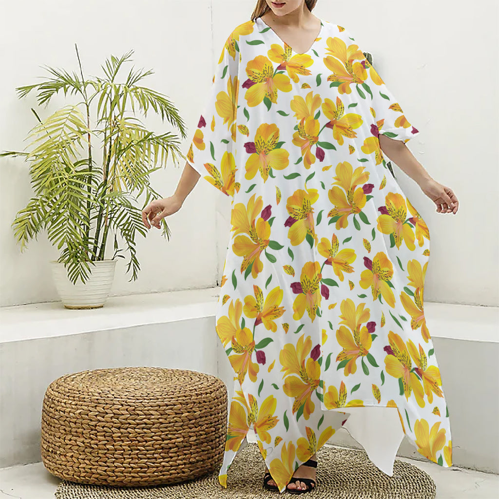 Yellow Alstroemeria Pattern Print Silk V-Neck Kaftan Dress