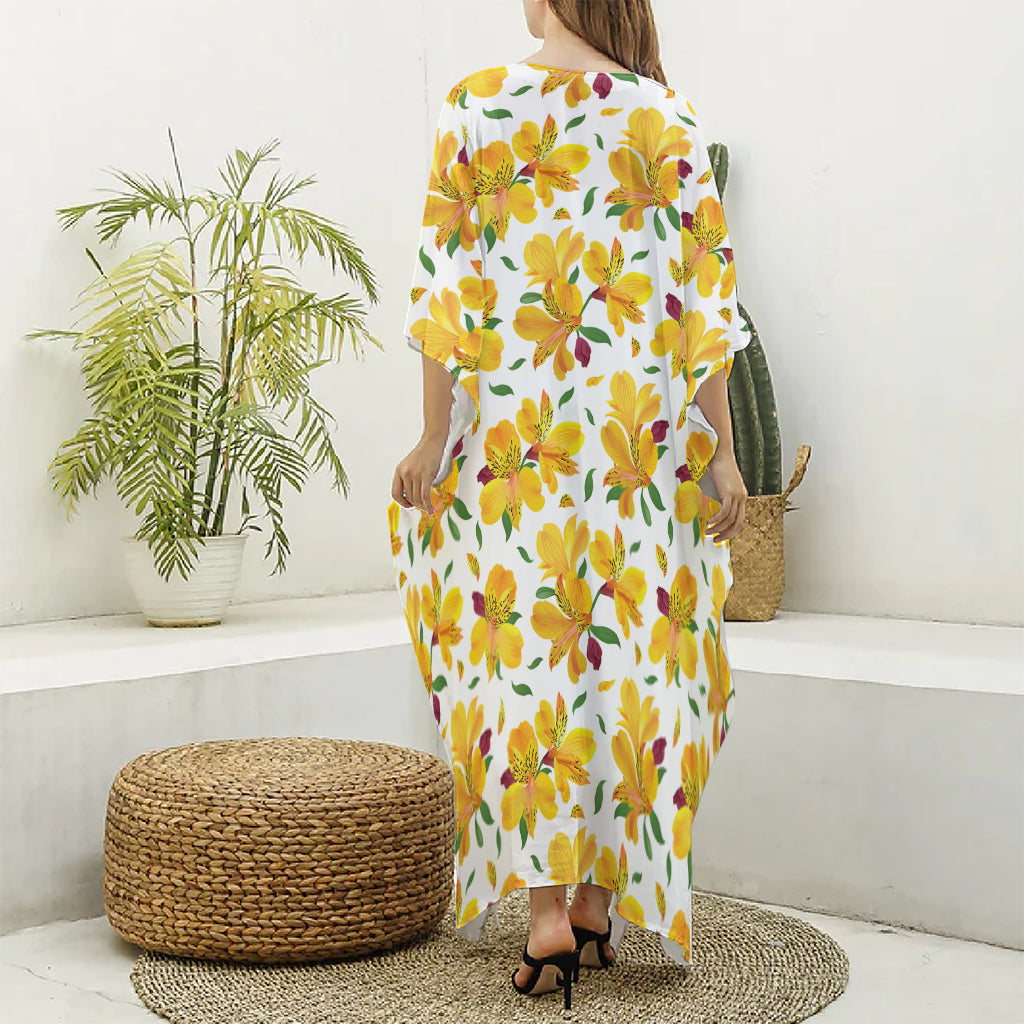 Yellow Alstroemeria Pattern Print Silk V-Neck Kaftan Dress