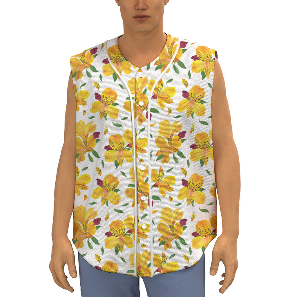 Yellow Alstroemeria Pattern Print Sleeveless Baseball Jersey